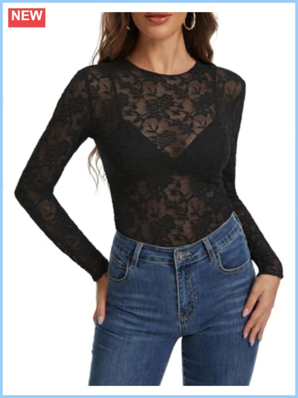 Mock Neck Lace Mesh Sheer Long Sleeve Blouse Layering Top
